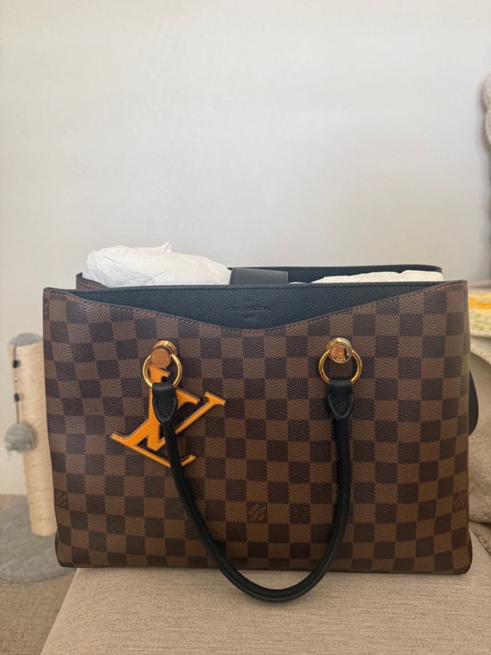 Louis Vuitton Brown Damier Canvas Tote with Black Handles and Gold Hardware